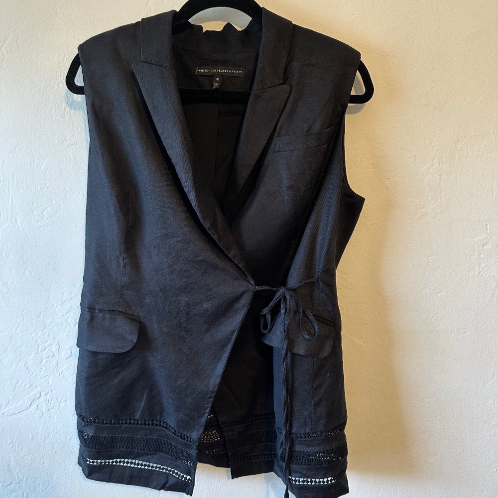 White House Black Market Black Sleeveless Tie-Waist Vest with Trim